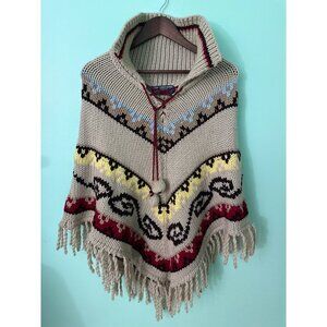 Vintage Hand Loomed Acrylic Poncho With Fringe & Embroidered Pattern Beige/Red/Y